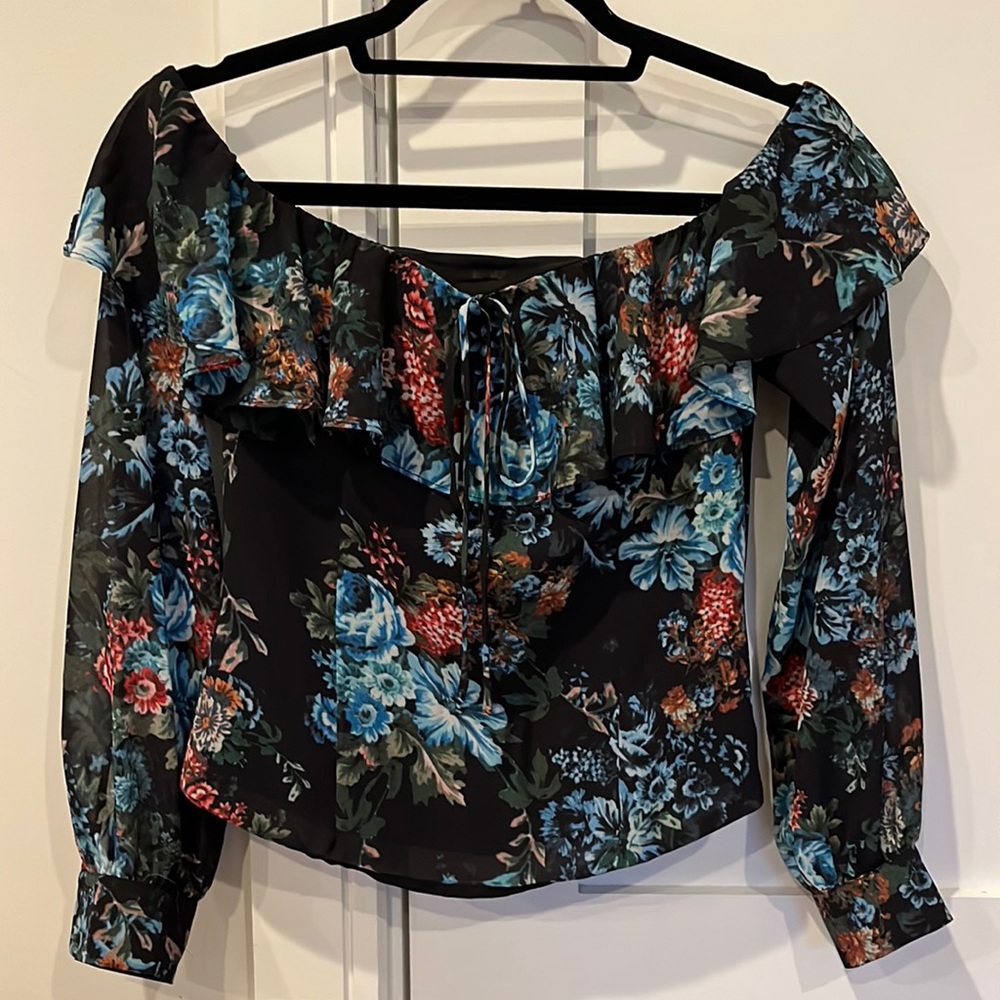 LPA Off The Shoulder Black Floral Blouse Size XS
